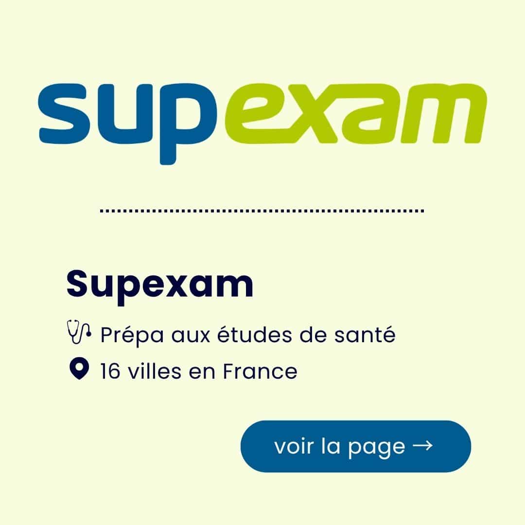 Promotional banner for Supexam with logo, dotted divider, text about health-studies prep in 16 French cities, and a blue 'voir la page' button.