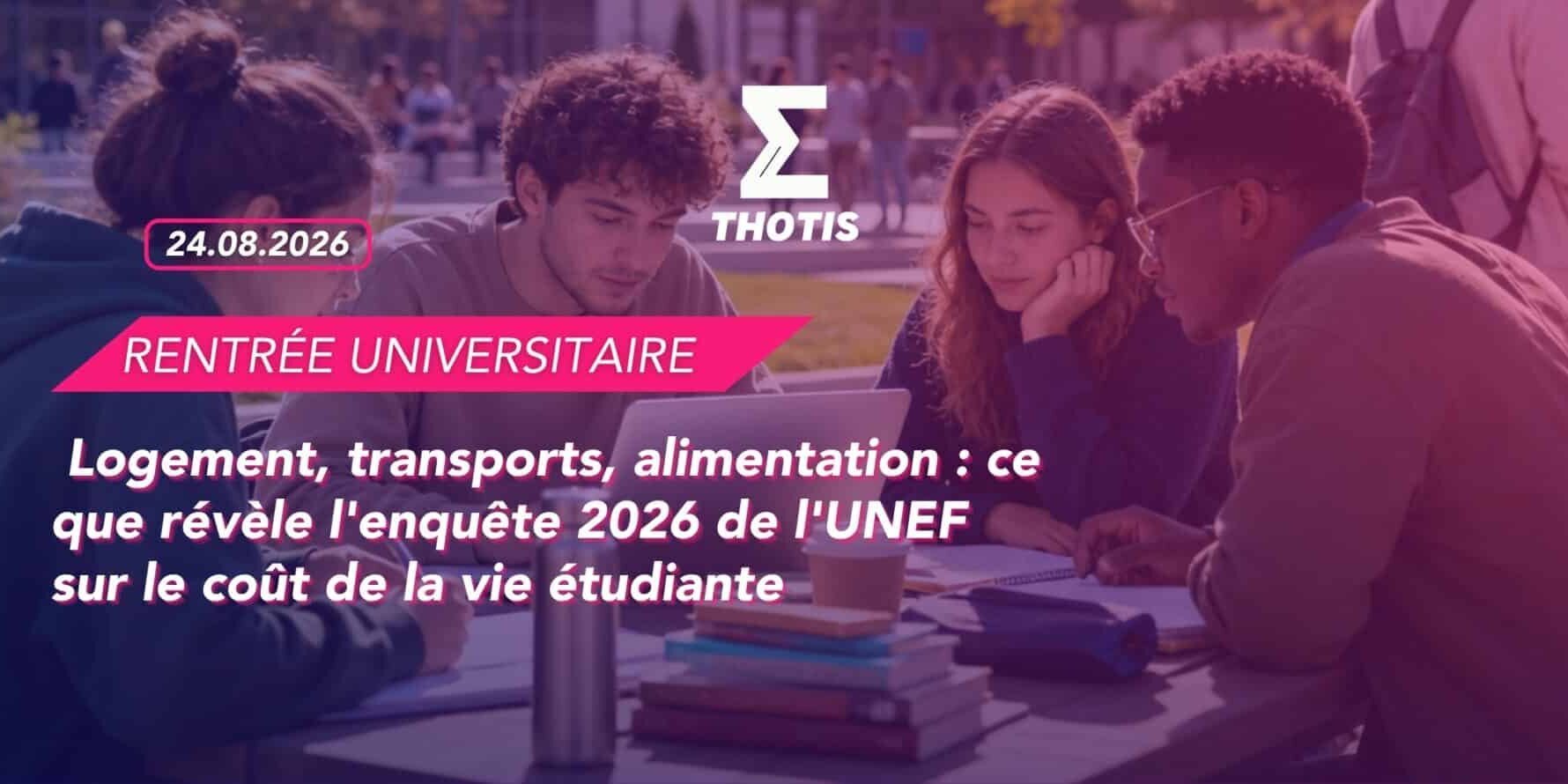 Group of students studying around a table outdoors; overlay promotes the 24.08.2026 'Rentrée Universitaire' and a headline about living costs for 2026.