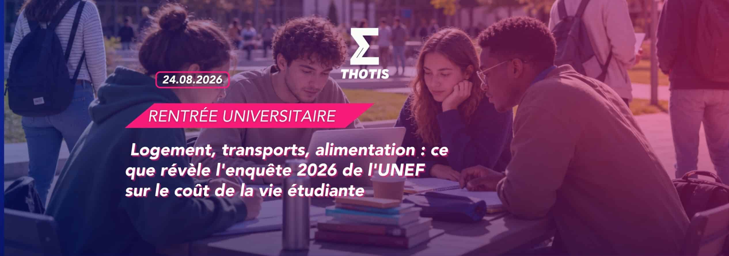 Group of students studying around a table outdoors; overlay promotes the 24.08.2026 'Rentrée Universitaire' and a headline about living costs for 2026.