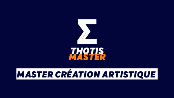 Master Création artistique Logo for Thotis Master: a large white zigzag Z with an orange accent, paired with 'THOTIS MASTER' in white and orange on a dark blue background.