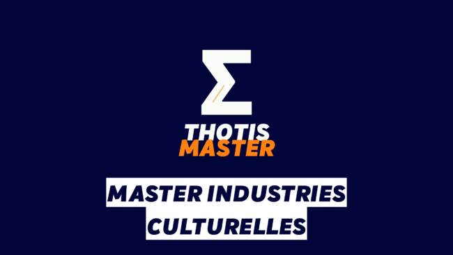 Master Industries culturelles Logo on navy background: white zigzag Z with an orange accent, and bold 'THOTIS MASTER' text in white/orange above 'MASTER INDUSTRIES CULTURELLES'.