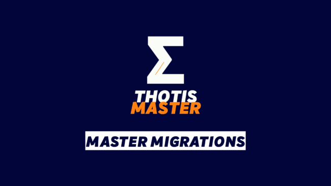 Master Migrations Brand logo on a dark blue background: a white geometric Z above the text 'THOTIS MASTER' with an orange accent, and a white banner reading 'MASTER MIGRATIONS' below.
