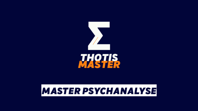 Branding graphic with a large white zigzag Z logo above the words ‘THOTIS’ in white and ‘MASTER’ in orange on a dark blue background, and a white banner reading ‘MASTER PSYCHANALYSE’ in bold navy letters.