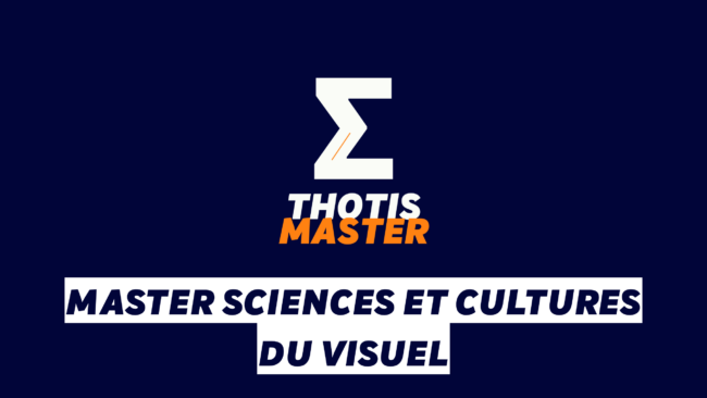 Master Sciences et cultures du visuel Logo on dark blue background with a white geometric symbol and 'THOTIS MASTER' in white and orange text.