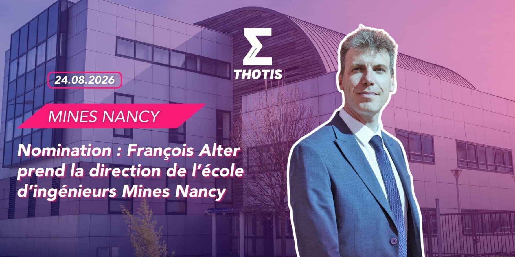 Promotional banner for Mines Nancy with the date 24.08.2026, THOTIS logo, and a man in a blue suit in front of a modern building.