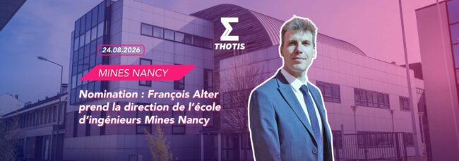 Promotional banner for Mines Nancy with the date 24.08.2026, THOTIS logo, and a man in a blue suit in front of a modern building.