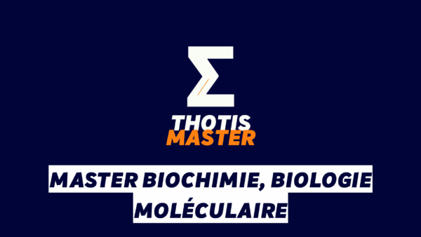 Master Biochimie, biologie moléculaire White zigzag Z logo with 'THOTIS' in white and 'MASTER' in orange, set on a dark blue background, announcing a Master program in Biochemistry, Biology, Molecular Biology.
