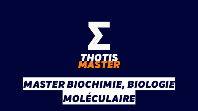 Master Biochimie, biologie moléculaire White zigzag Z logo with 'THOTIS' in white and 'MASTER' in orange, set on a dark blue background, announcing a Master program in Biochemistry, Biology, Molecular Biology.