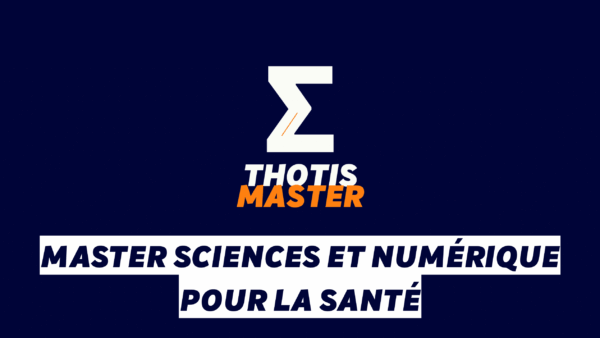 Master Sciences et numérique pour la santé Logo on dark blue background: a bold white Z with orange accent and the words 'THOTIS MASTER' in white and orange, above French health/science slogans on white bands