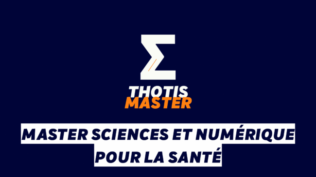 Master Sciences et numérique pour la santé Logo on dark blue background: a bold white Z with orange accent and the words 'THOTIS MASTER' in white and orange, above French health/science slogans on white bands