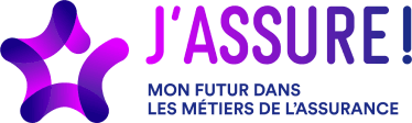 logo-jassure J'ASSURE! logo with a purple starburst icon and blue slogan 'Mon futur dans les métiers de l'assurance'.