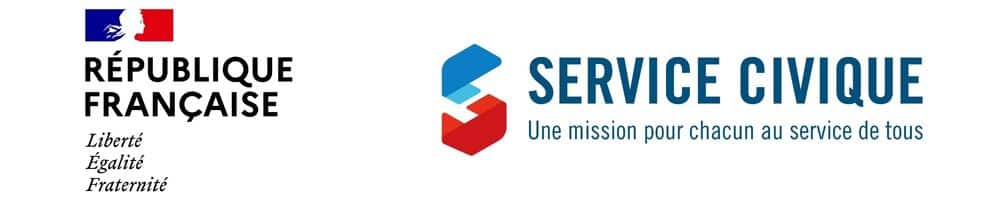 Logo group: French Republic emblem with 'RÉPUBLIQUE FRANÇAISE' and an adjacent 'SERVICE CIVIQUE' logo with a blue-red hexagon icon and the slogan 'Une mission pour chacun au service de tous'