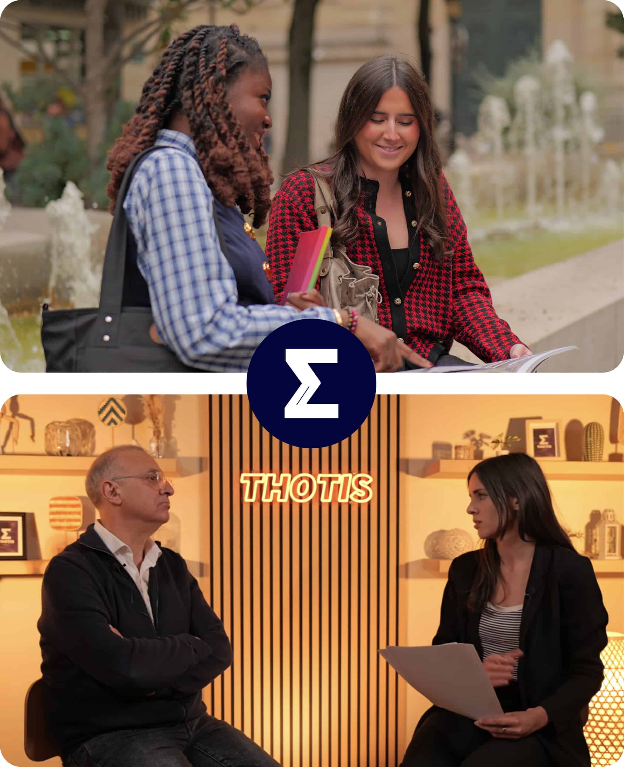 Two women sit facing each other and talk, one in a red and black checkered jacket showing a document, in a casual interview setting with a circular logo overlay partially obscuring the view.